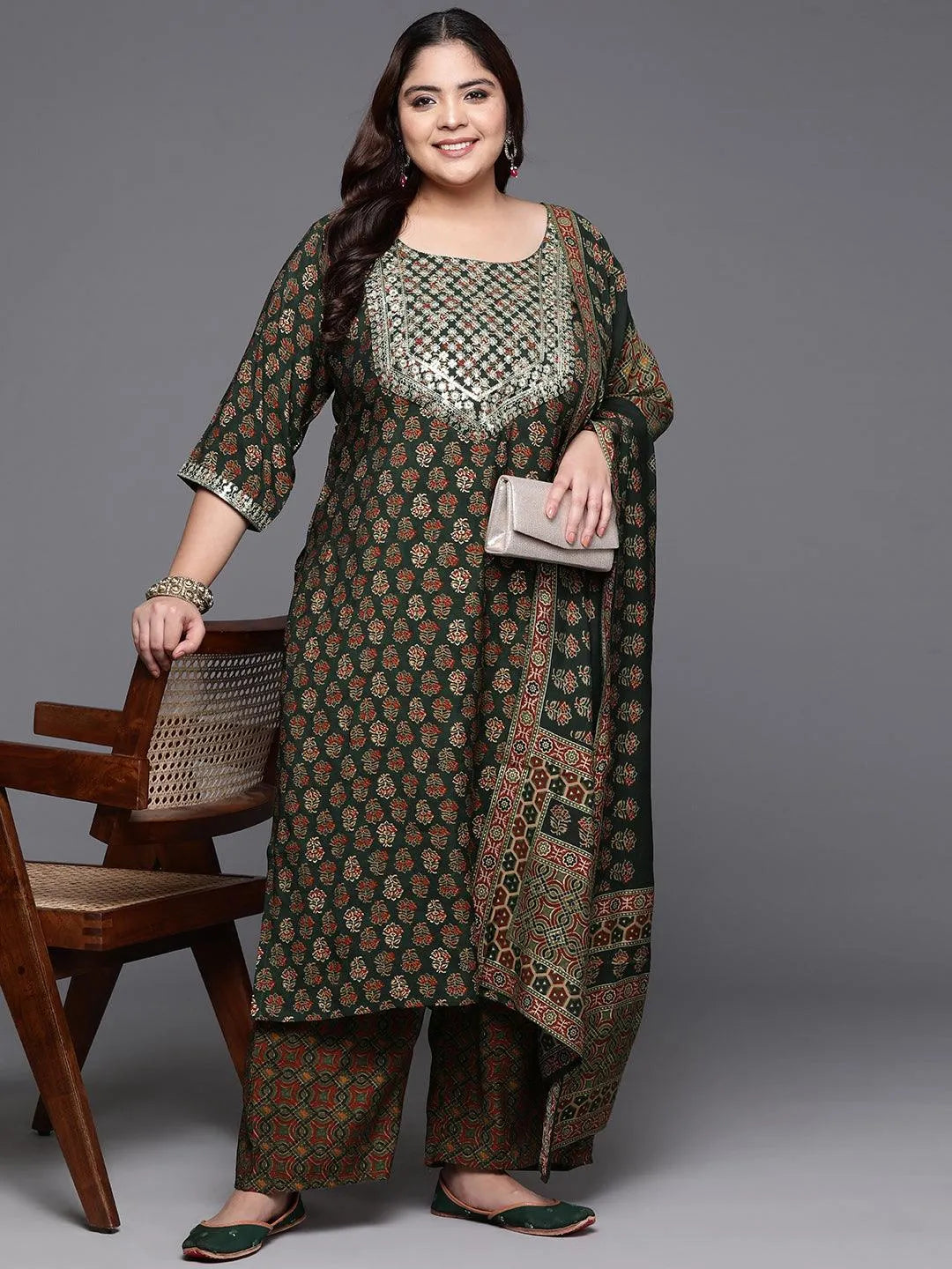 Plus Size Green Yoke Design Silk Blend Straight Kurta With Trousers & Dupatta - Libas 
