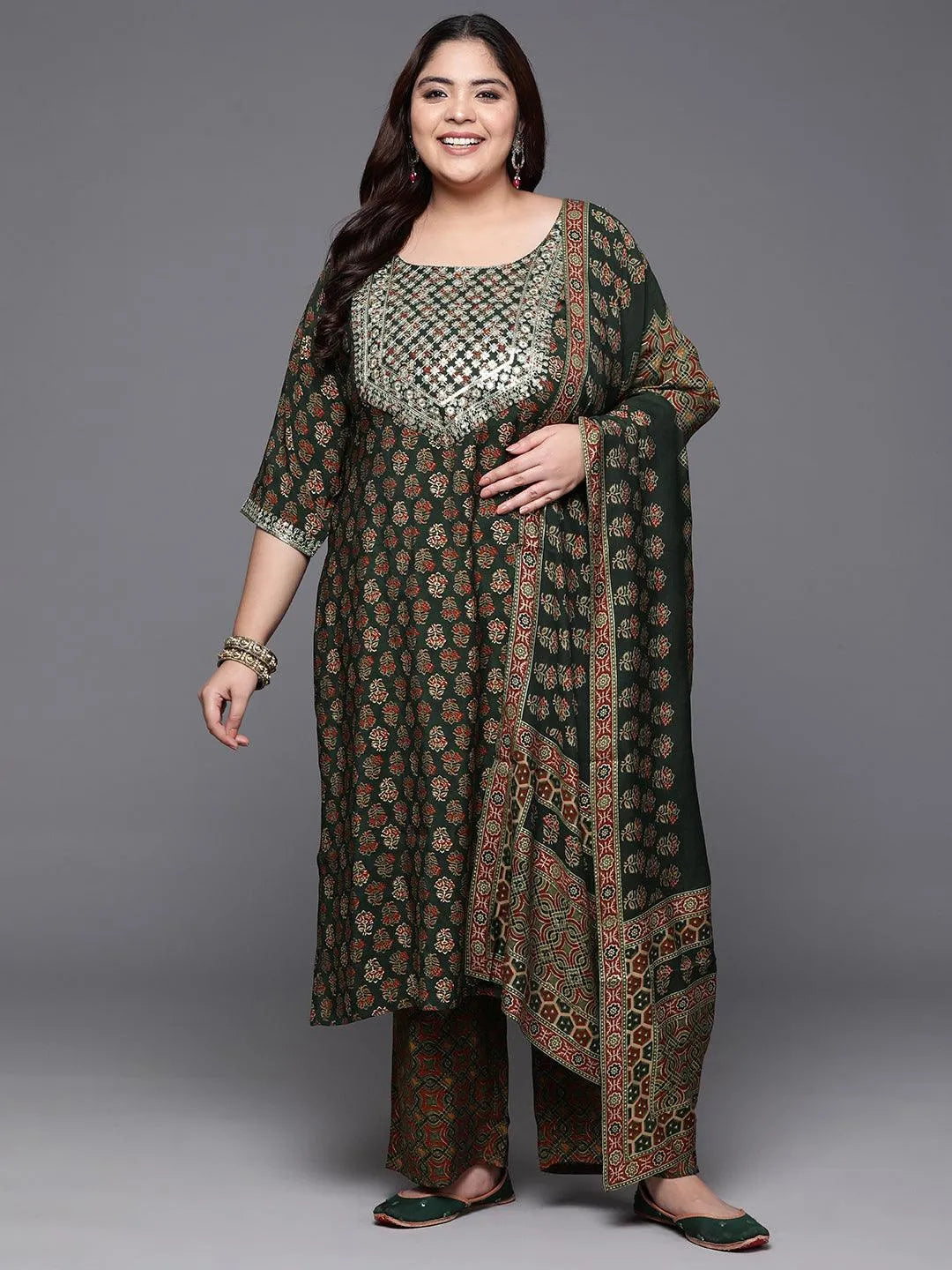 Plus Size Green Yoke Design Silk Blend Straight Kurta With Trousers & Dupatta - Libas 