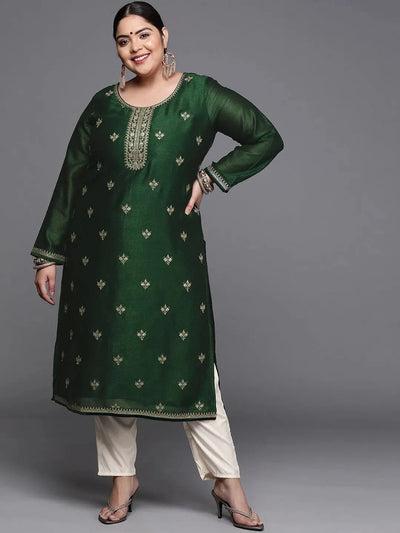 Plus Size Green Yoke Design Silk Kurta - Libas