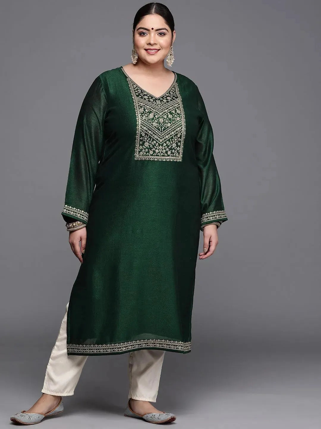 Plus Size Green Yoke Design Silk Kurta - Libas 