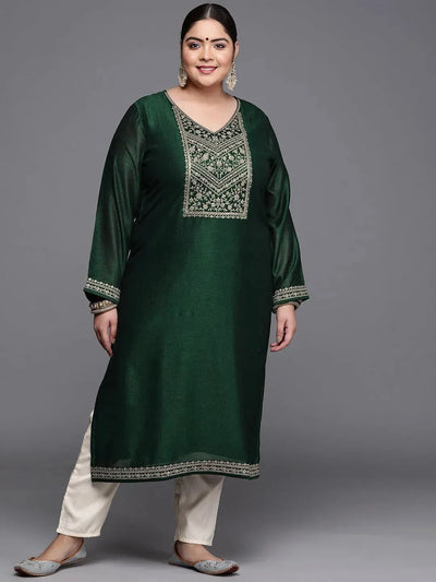 Plus Size Green Yoke Design Silk Kurta - Libas