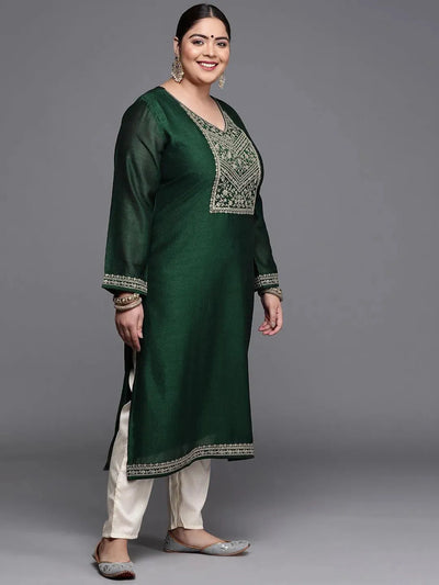 Plus Size Green Yoke Design Silk Kurta - Libas