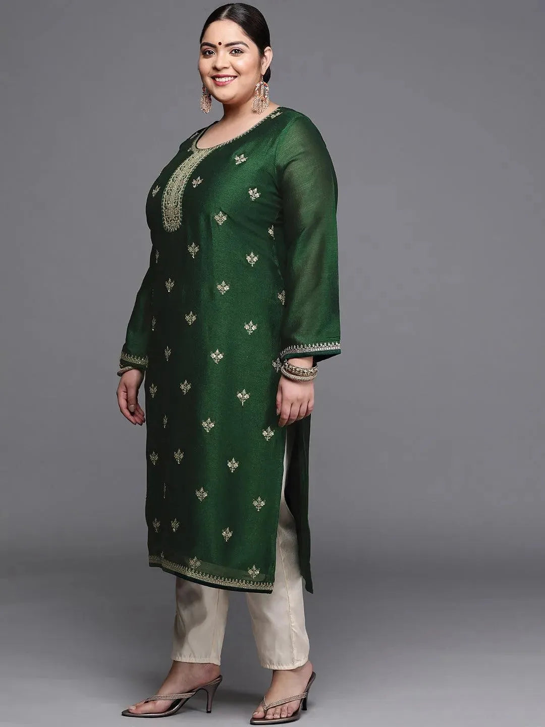 Plus Size Green Yoke Design Silk Kurta - Libas