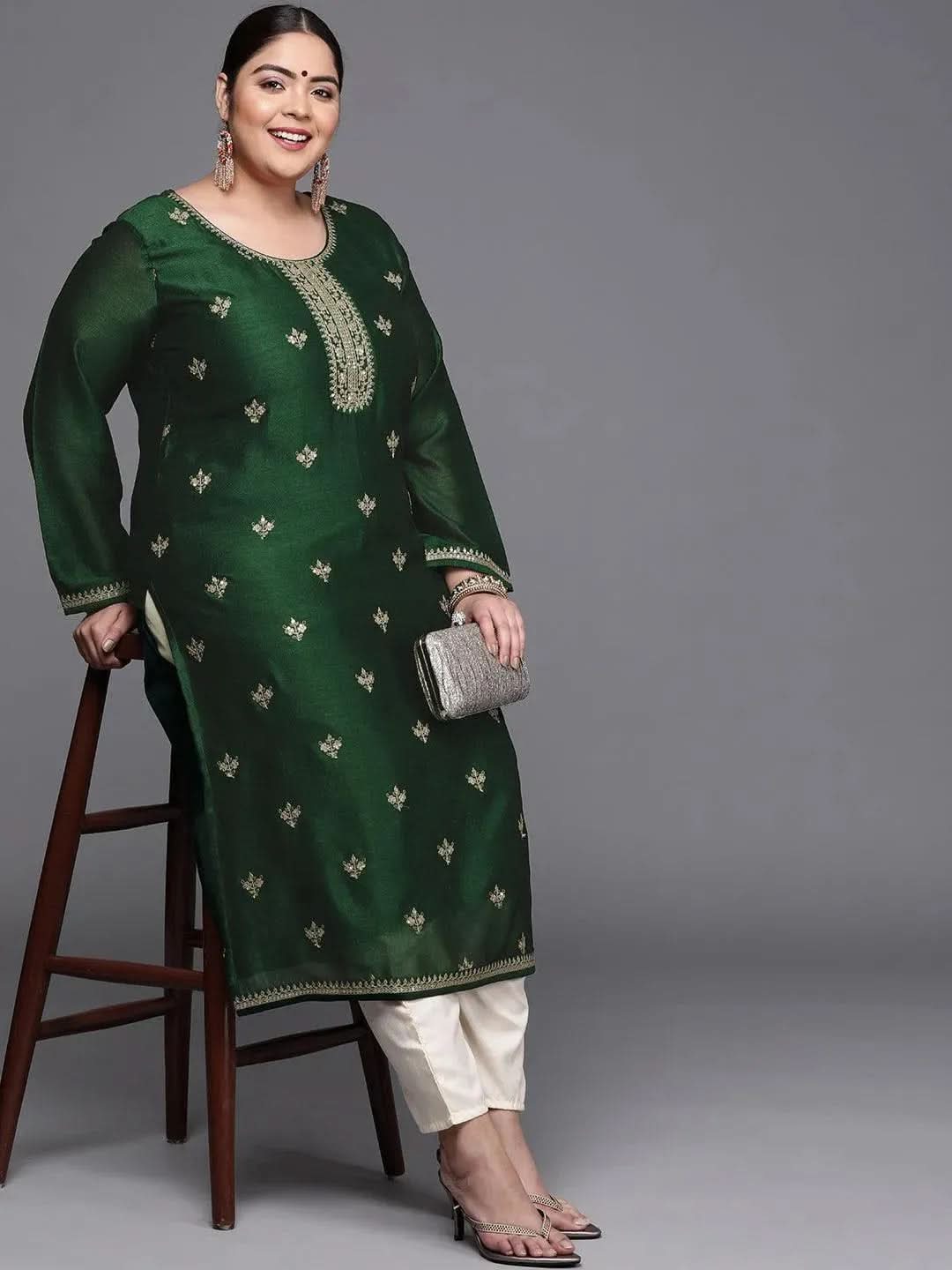 Plus Size Green Yoke Design Silk Kurta - Libas 