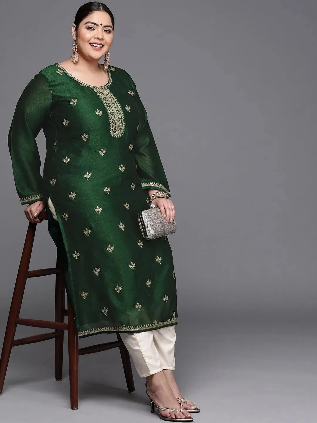 Plus Size Green Yoke Design Silk Kurta - Libas