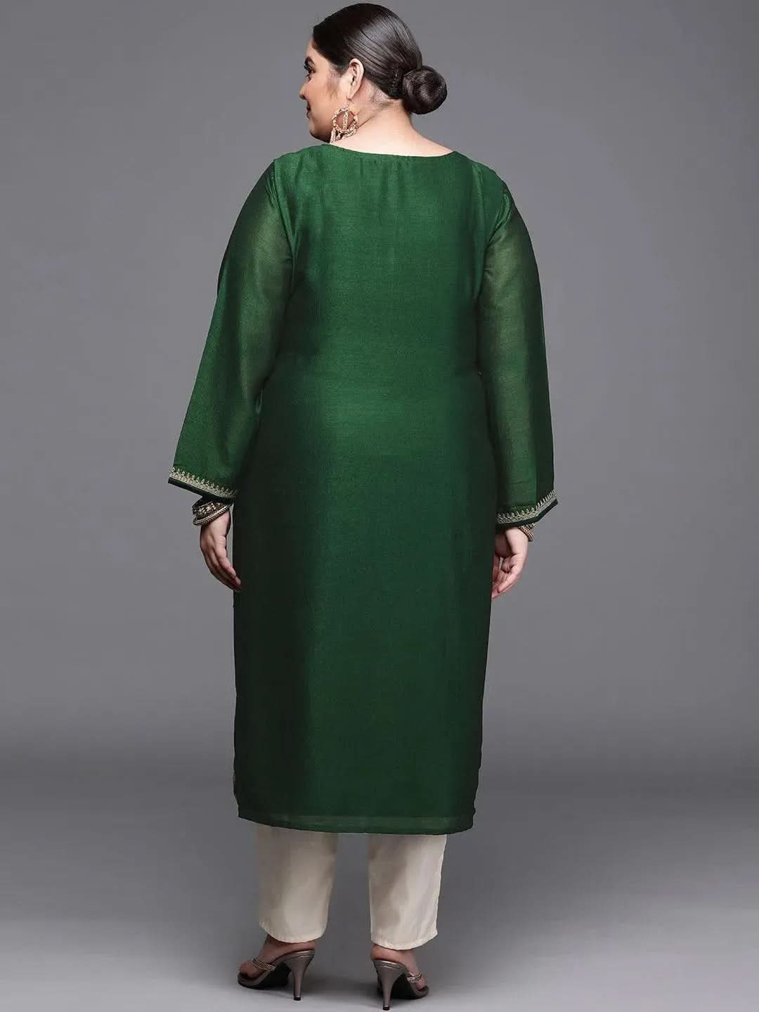 Plus Size Green Yoke Design Silk Kurta - Libas 