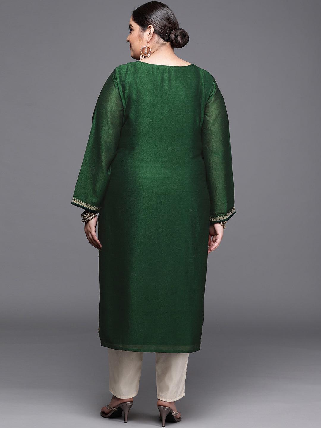 Plus Size Green Yoke Design Silk Kurta - Libas