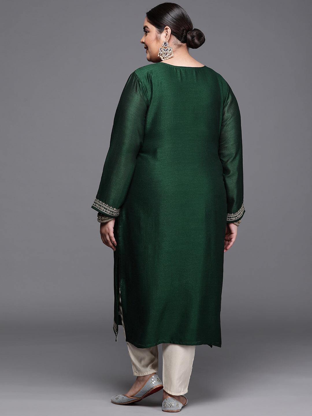 Plus Size Green Yoke Design Silk Kurta