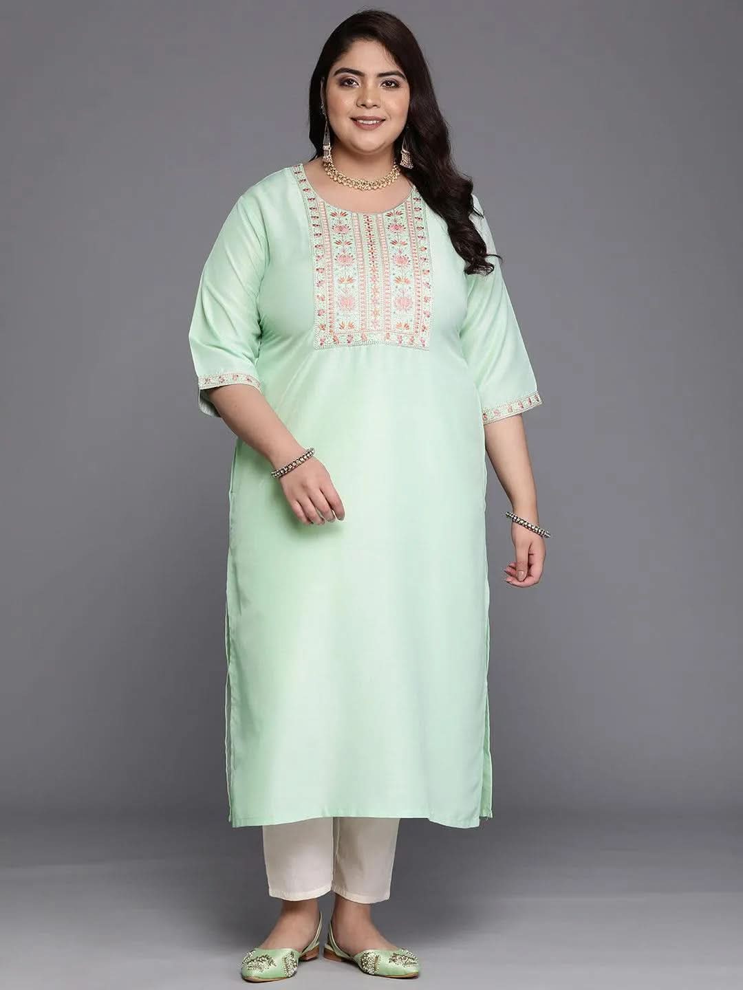 Plus Size Green Yoke Design Silk Straight Kurta - Libas 