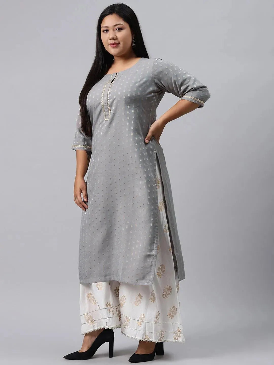 Plus Size Grey Chanderi Silk Kurta - Libas