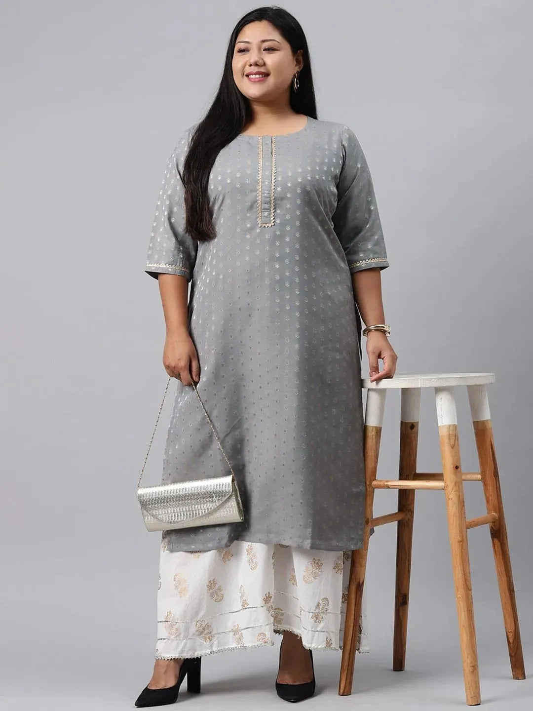 Plus Size Grey Chanderi Silk Kurta - Libas