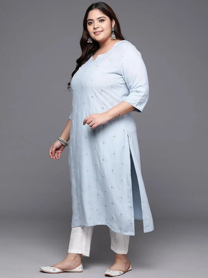 Plus Size Grey Embroidered Rayon Straight Kurta - Libas
