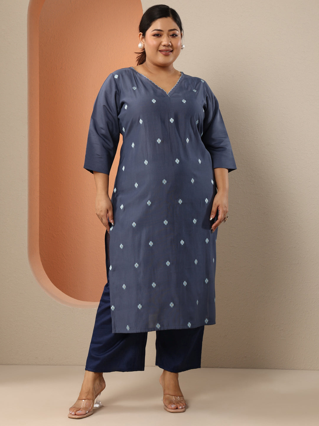  Plus Size Grey Embroidered Silk Blend Straight Kurta 