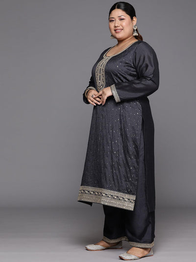 Plus Size Grey Embroidered Silk Blend Straight Suit Set - Libas
