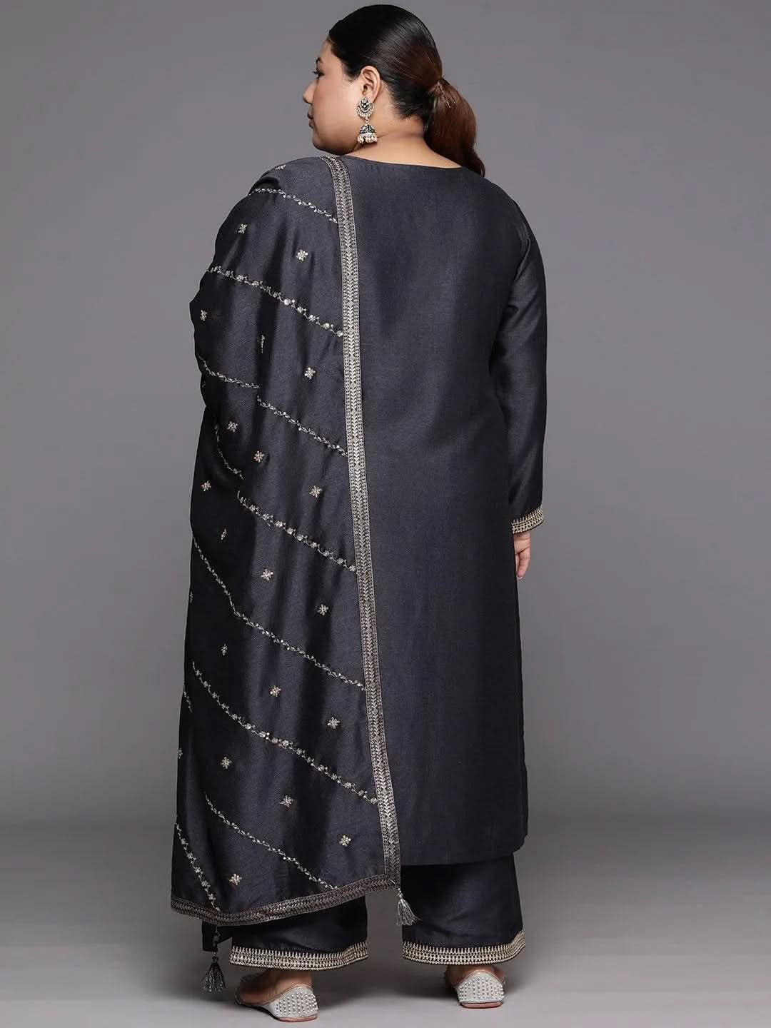 Plus Size Grey Embroidered Silk Blend Straight Suit Set - Libas 