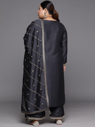 Plus Size Grey Embroidered Silk Blend Straight Suit Set - Libas