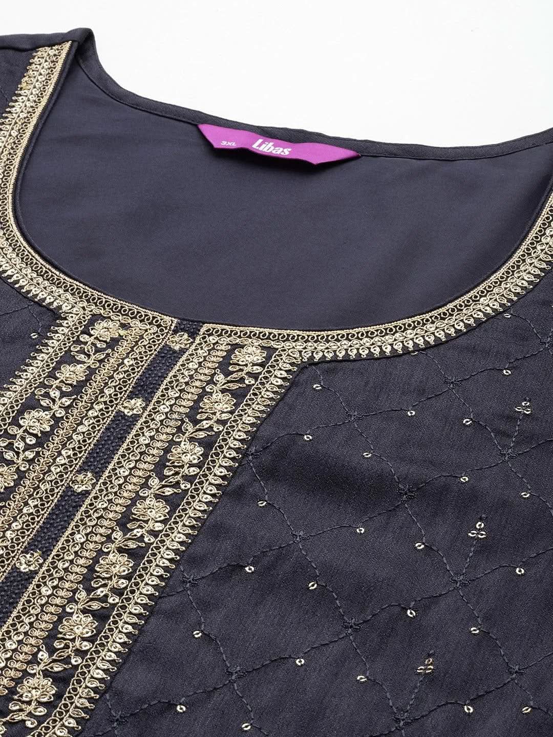 Plus Size Grey Embroidered Silk Blend Straight Suit Set - Libas 