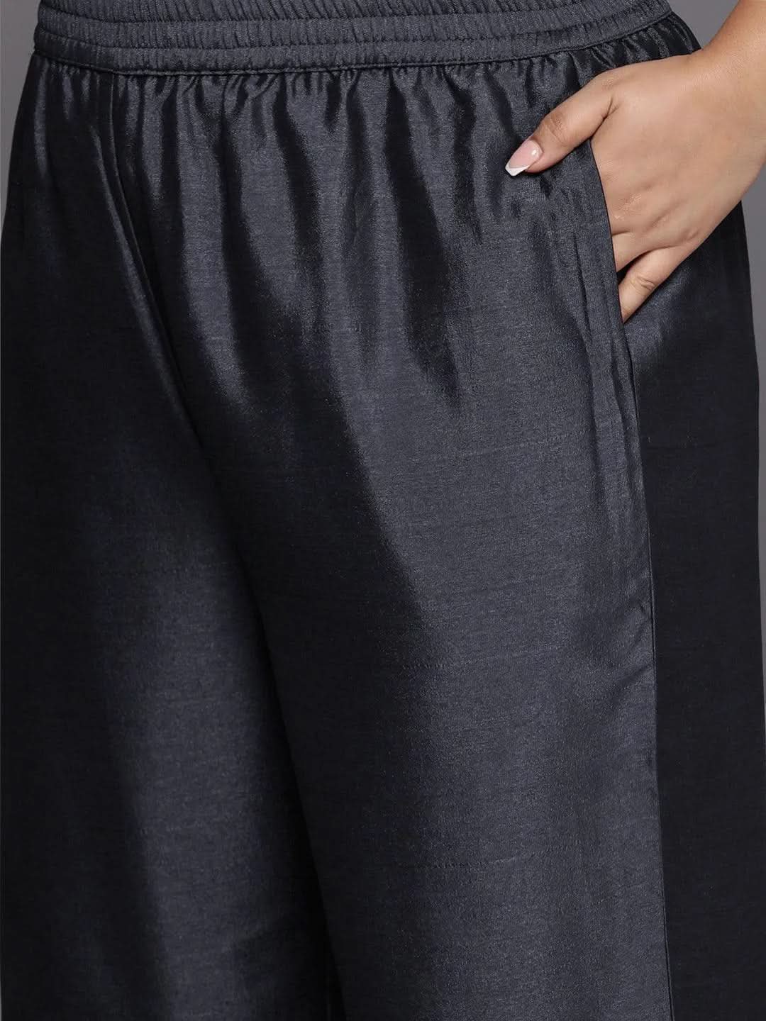 Plus Size Grey Embroidered Silk Blend Straight Suit Set - Libas 