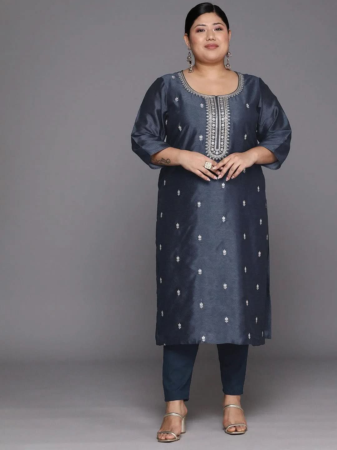 Plus Size Grey Embroidered Silk Straight Kurta - Libas 