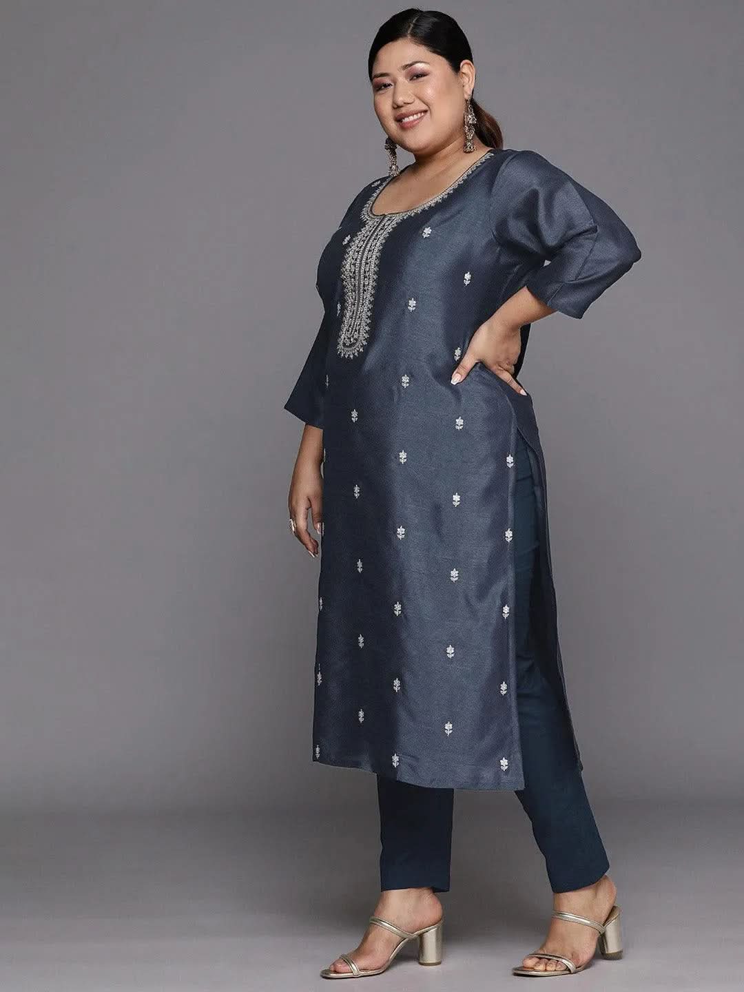 Plus Size Grey Embroidered Silk Straight Kurta - Libas 