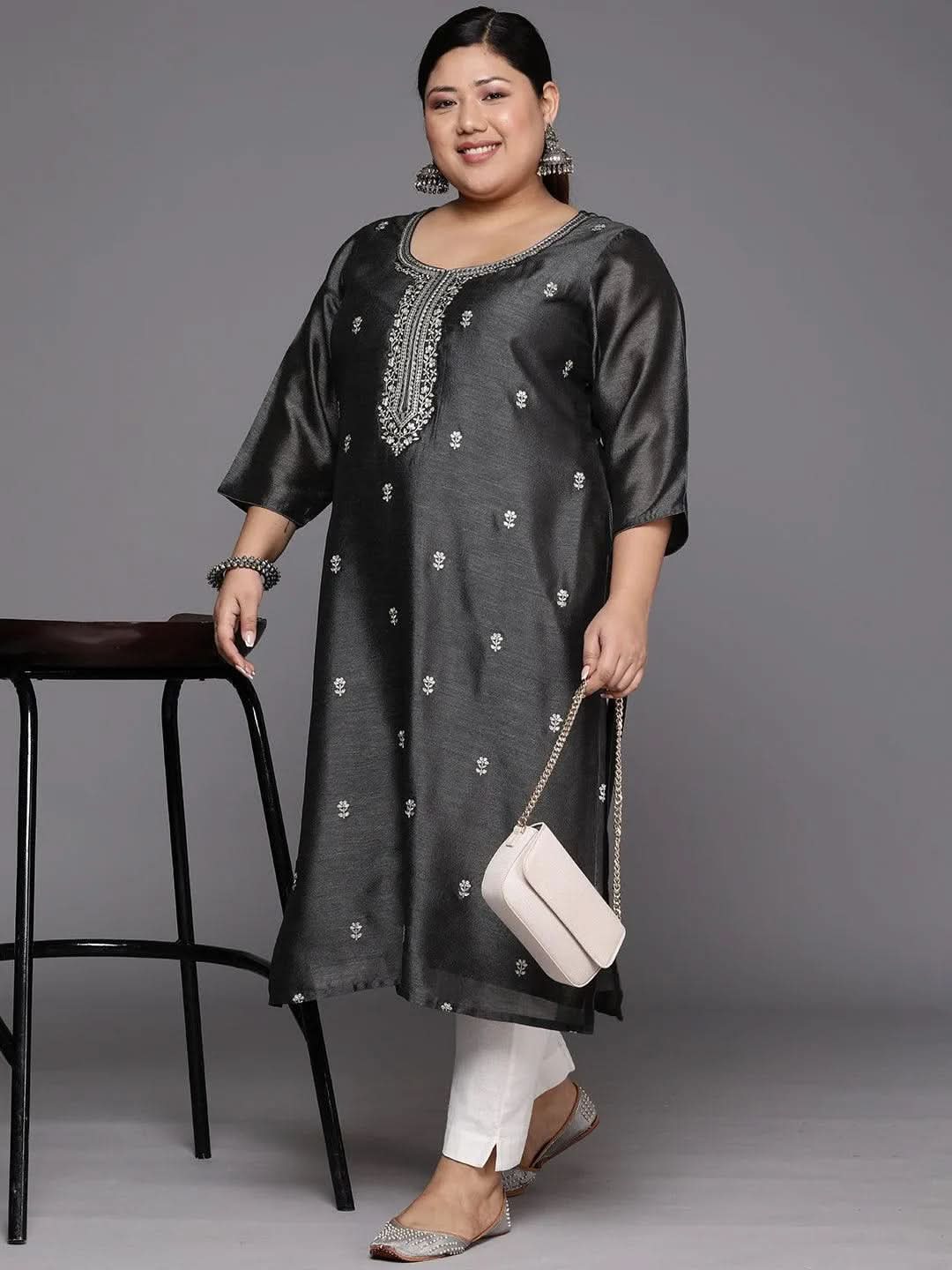 Plus Size Grey Embroidered Silk Straight Kurta - Libas 