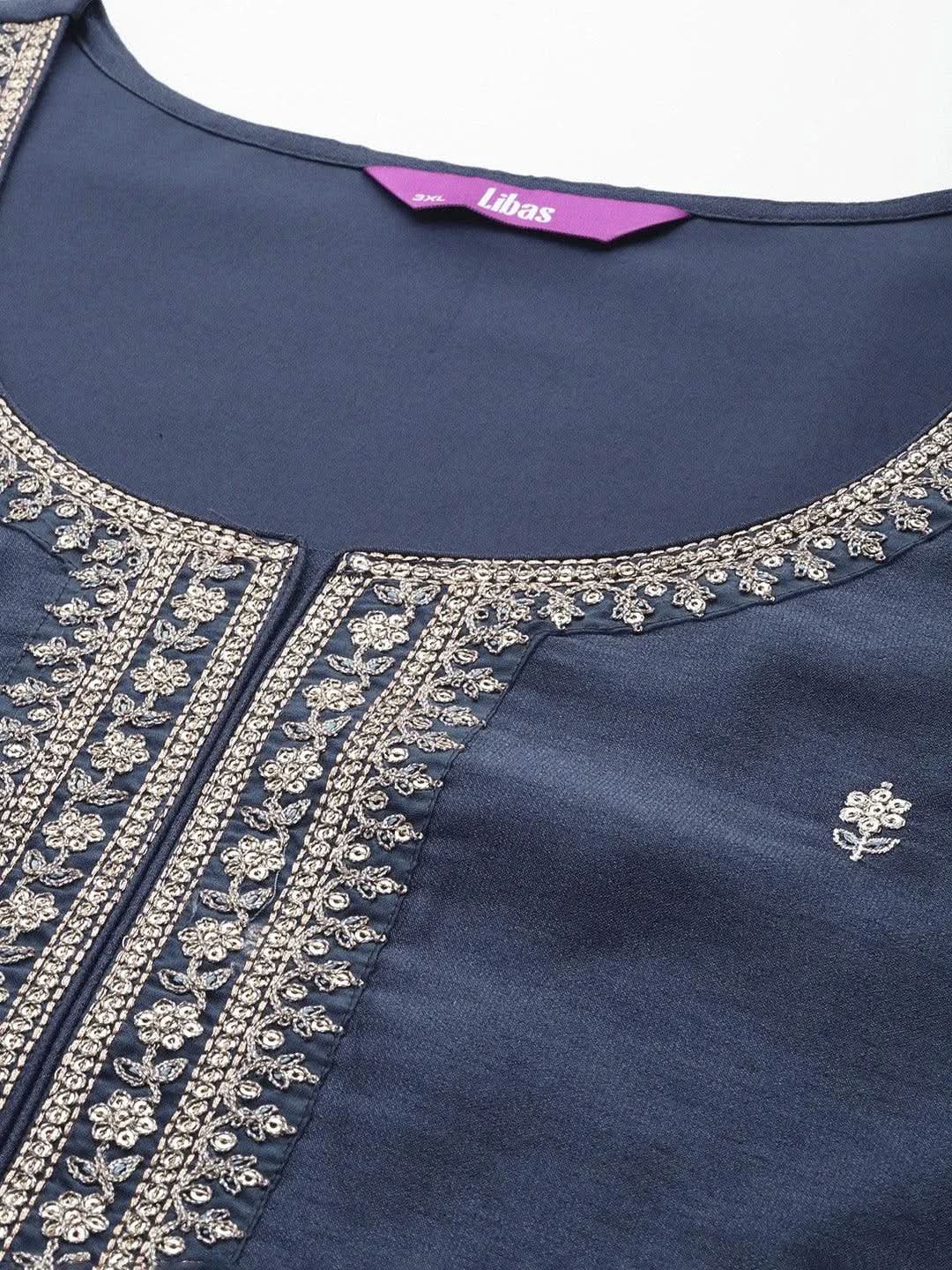 Plus Size Grey Embroidered Silk Straight Kurta - Libas 