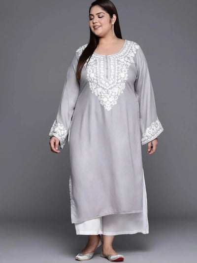 Plus Size Grey Embroidered Wool Kurta - Libas