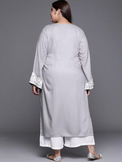 Plus Size Grey Embroidered Wool Kurta - Libas