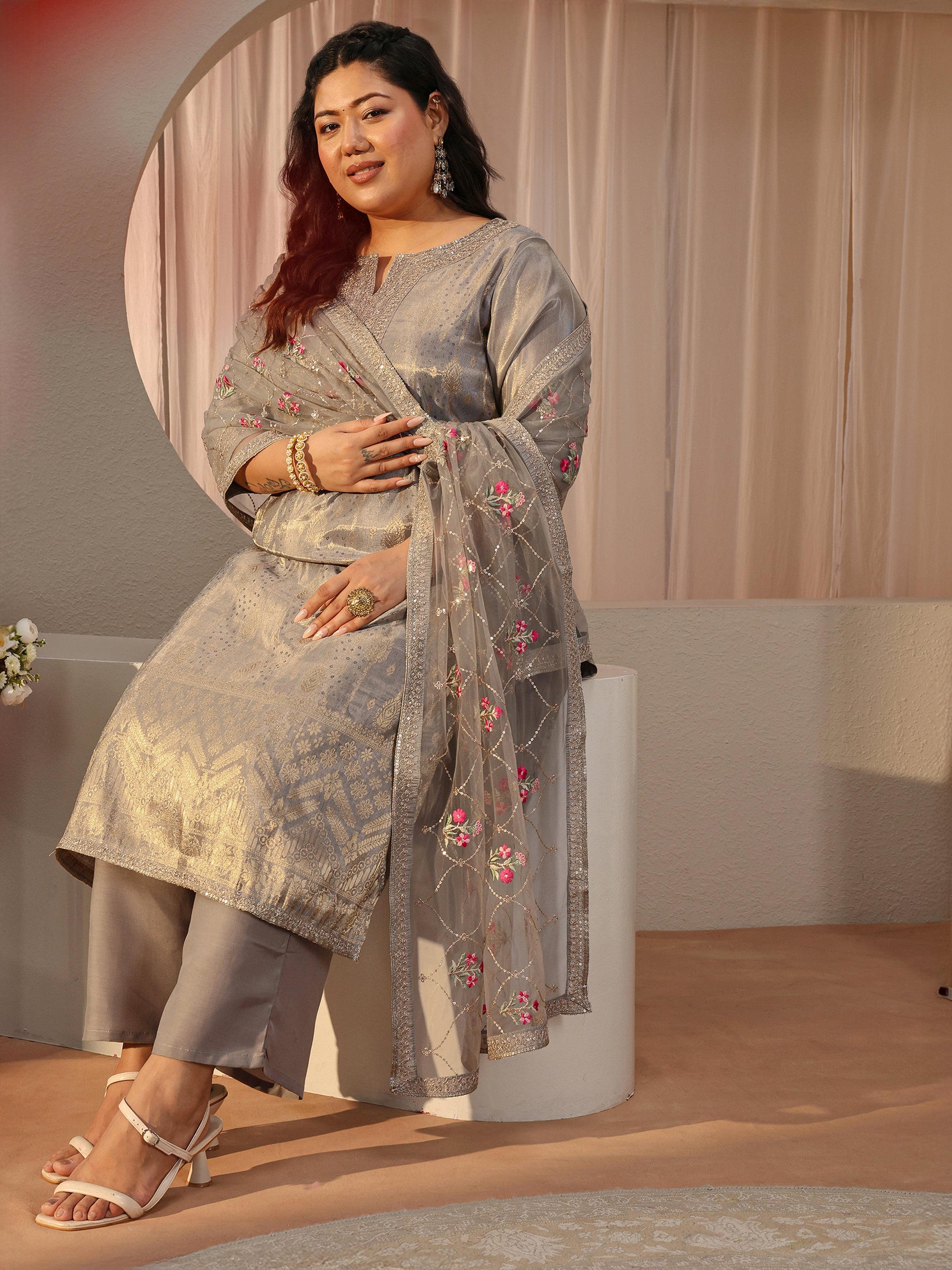 libas Plus Size Grey Ethnic Woven Design Silk Blend Straight Suit Set-picture-13