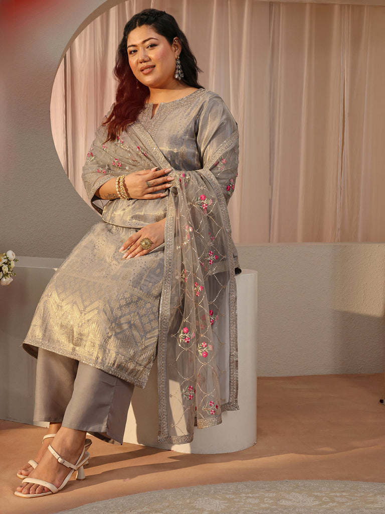 Plus Size Grey Ethnic Woven Design Silk Blend Straight Suit Set