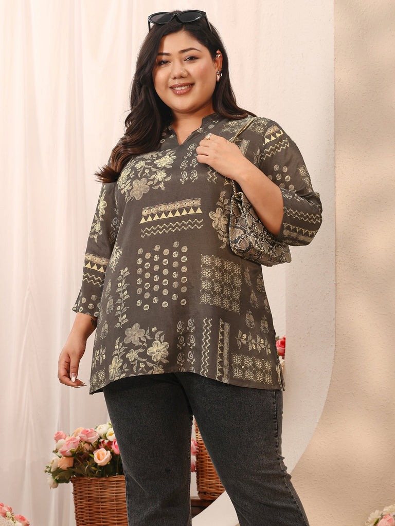 Plus Size Grey Floral Printed Silk Blend Straight Short Kurti