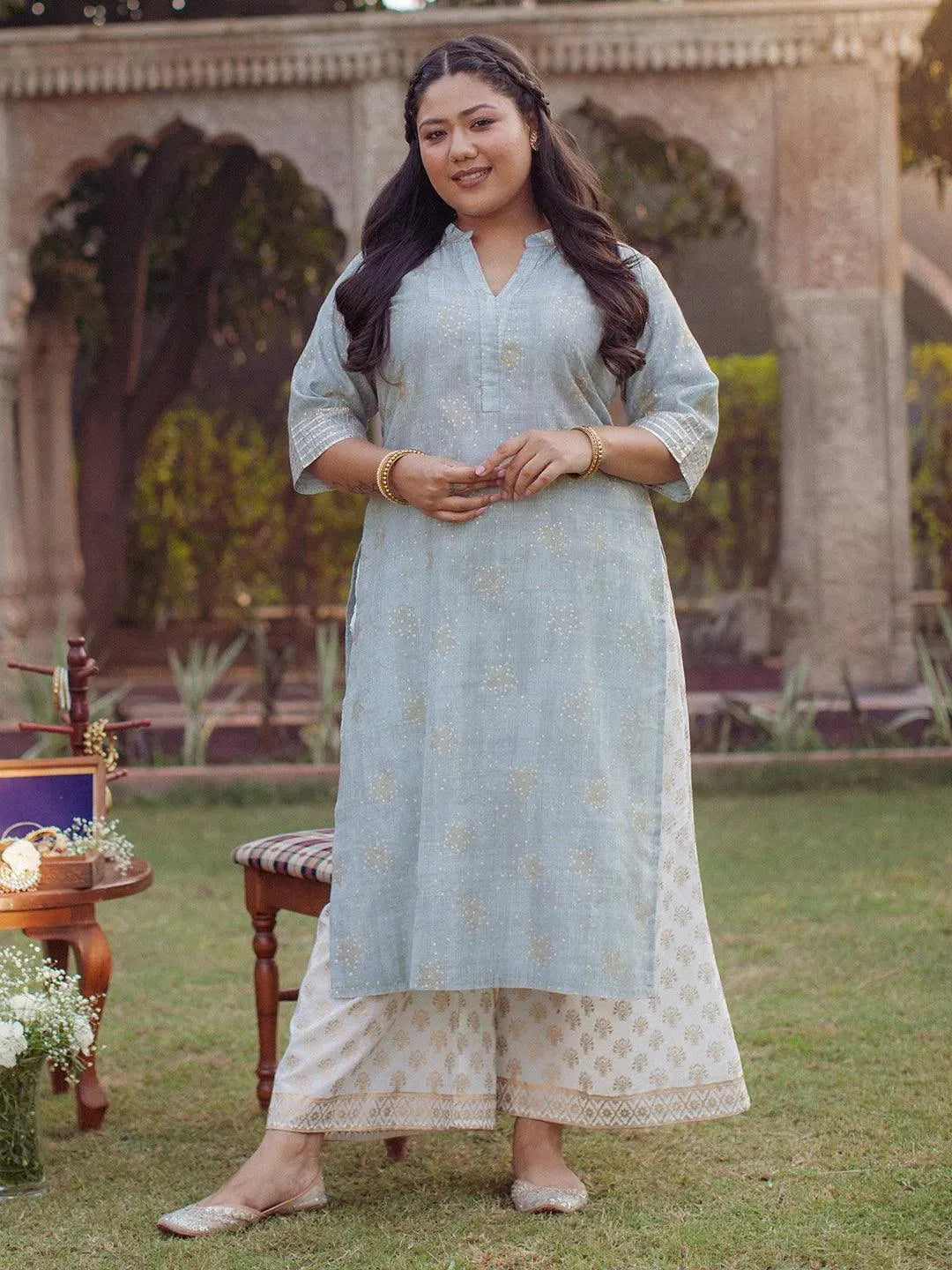 Plus Size Grey Printed Chanderi Silk Kurta - Libas 