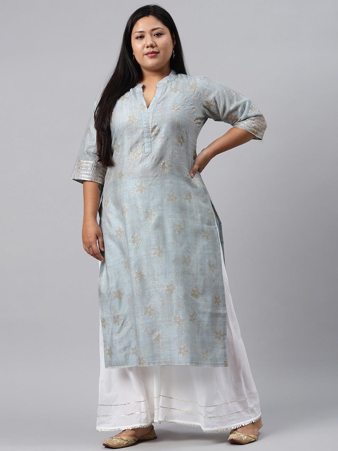 Plus Size Grey Printed Chanderi Silk Kurta