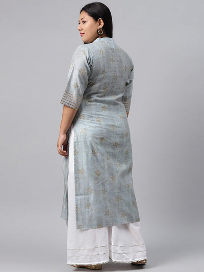 Plus Size Grey Printed Chanderi Silk Kurta - Libas