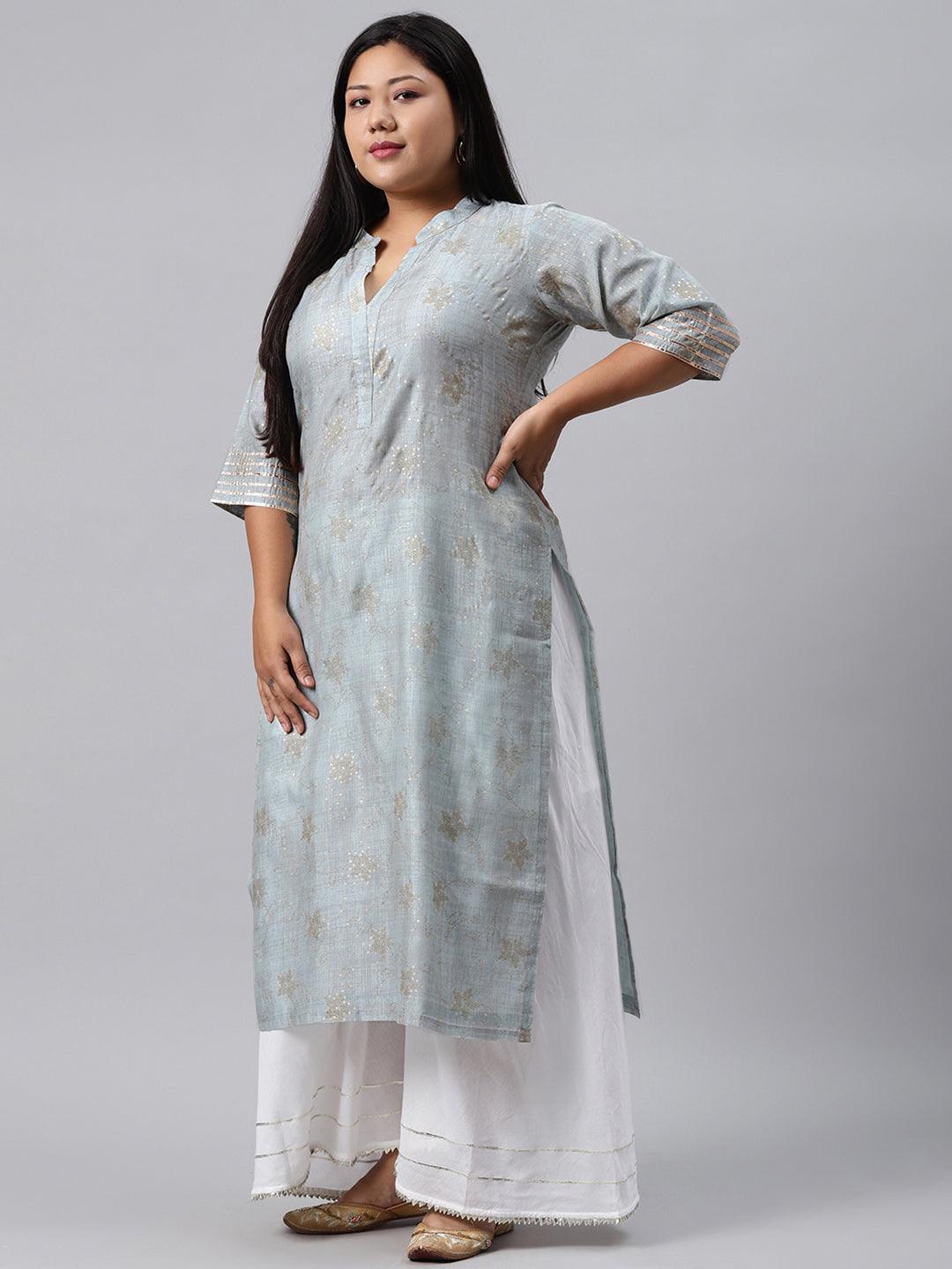 Plus Size Grey Printed Chanderi Silk Kurta