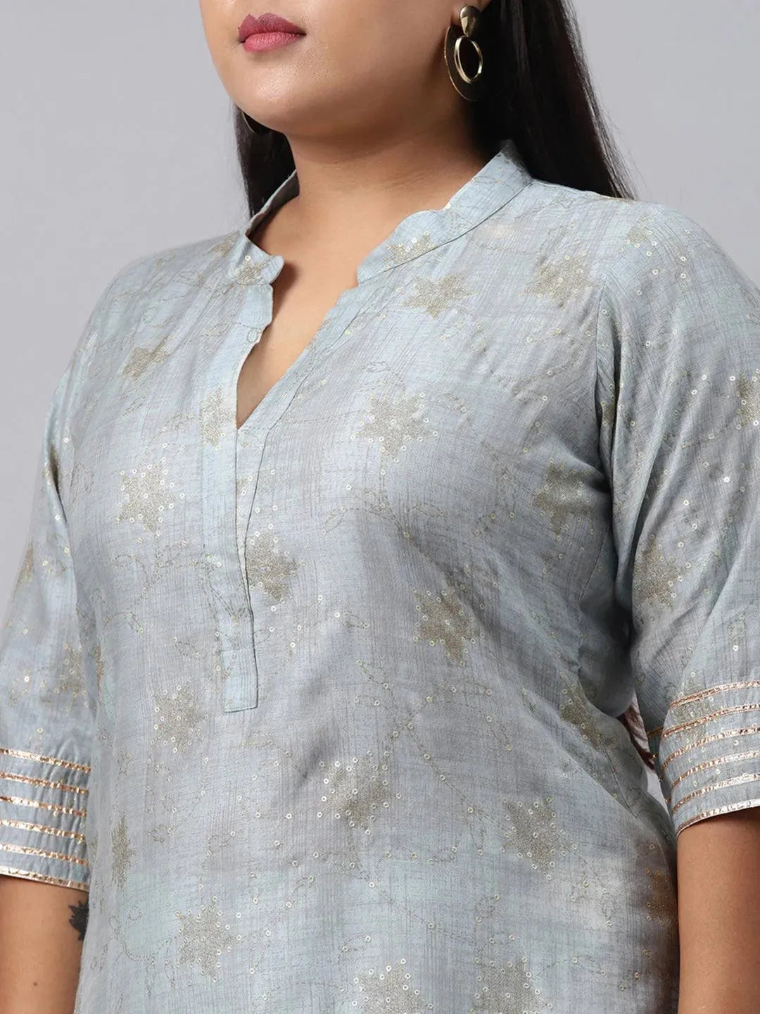 Plus Size Grey Printed Chanderi Silk Kurta - Libas 