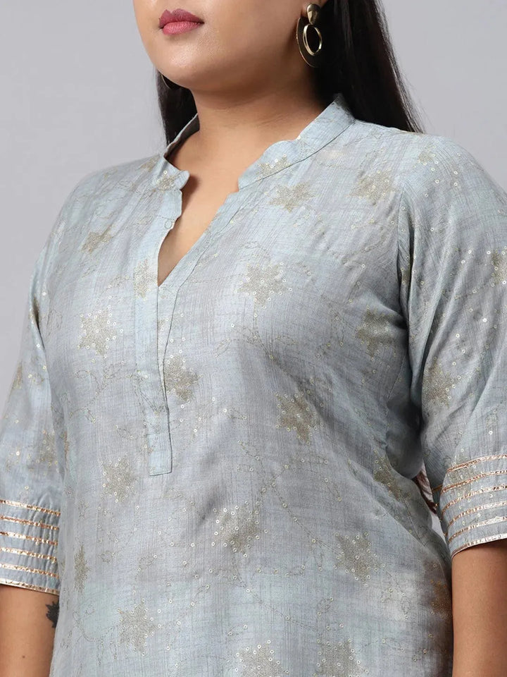 Plus Size Grey Printed Chanderi Silk Kurta - Libas