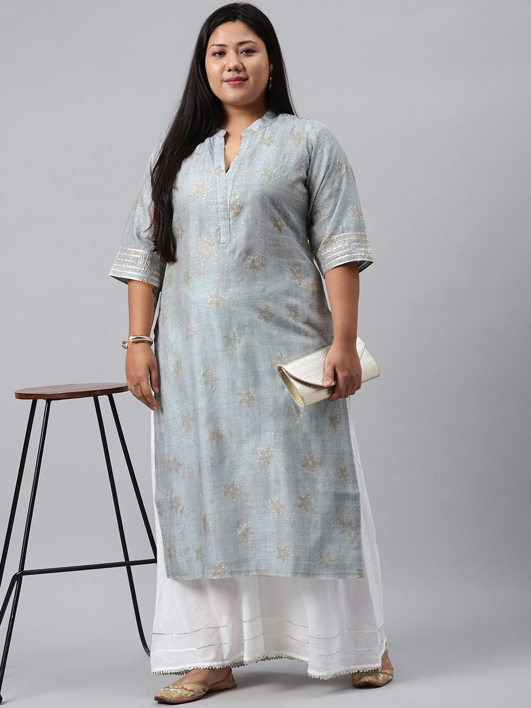 Plus Size Grey Printed Chanderi Silk Kurta - Libas