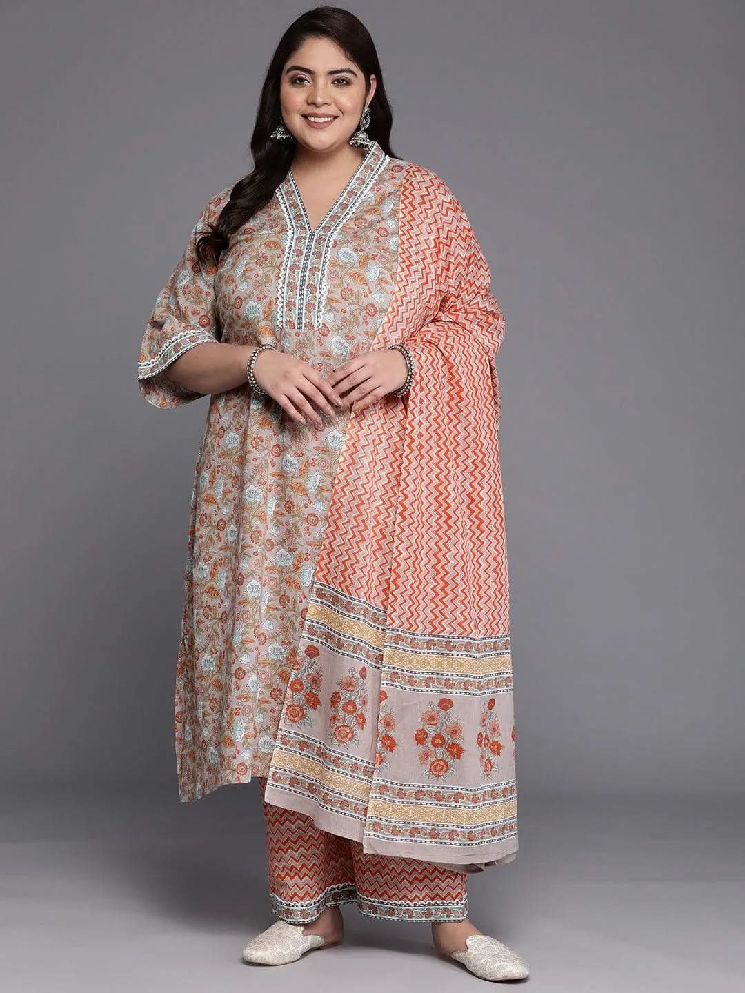 

Plus Size Grey Printed Cotton A-Line Kurta With Trousers & Dupatta