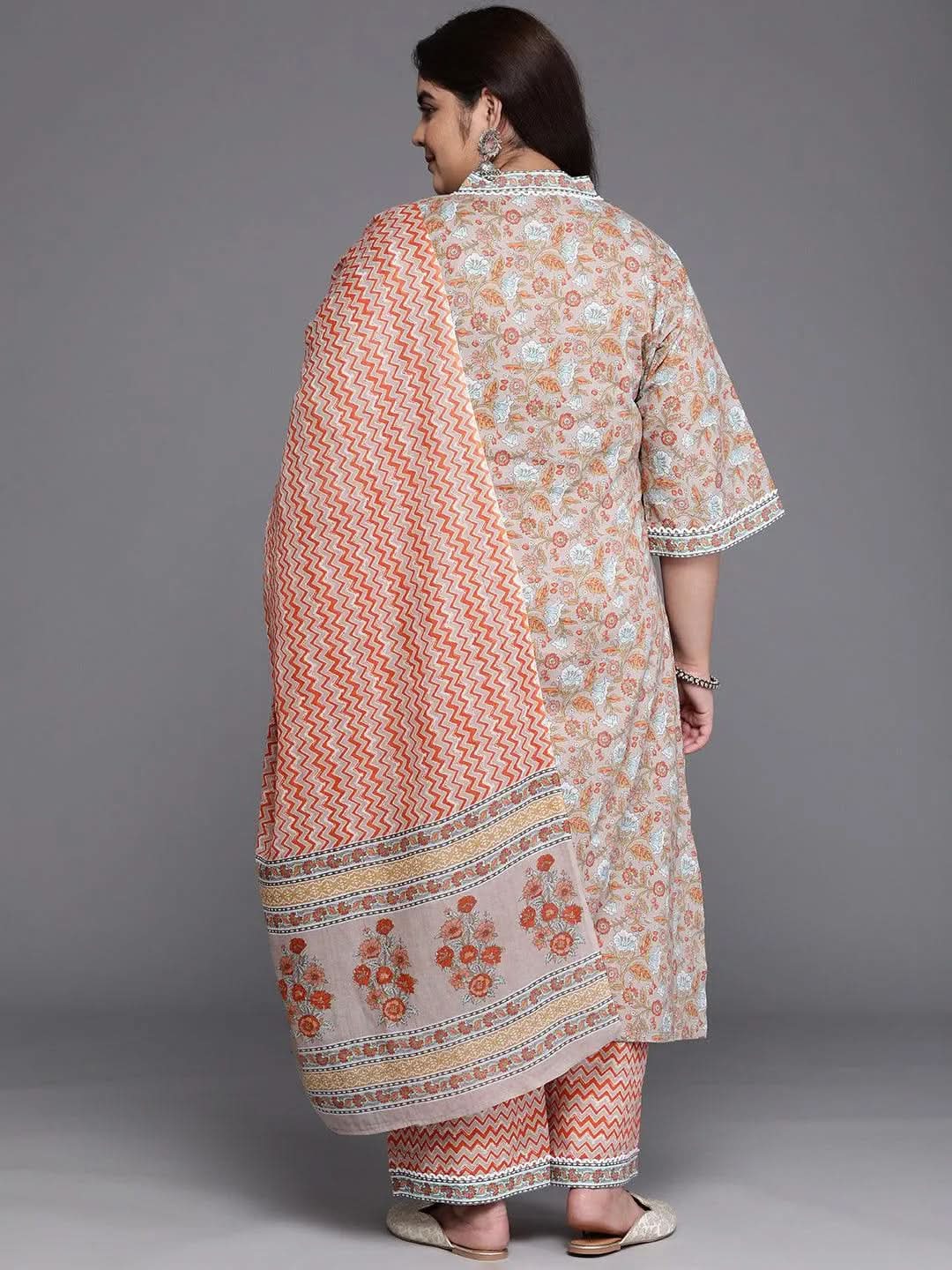 Plus Size Grey Printed Cotton A-Line Suit Set - Libas 