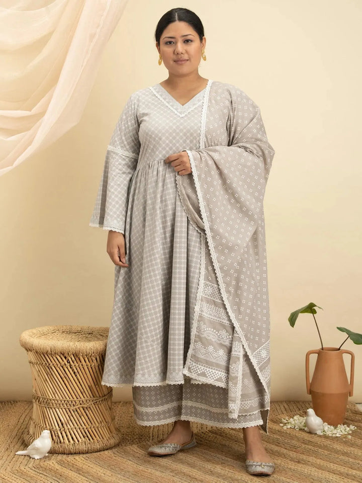 Plus Size Grey Printed Cotton Suit Set - Libas