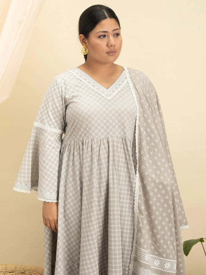 Plus Size Grey Printed Cotton Suit Set - Libas