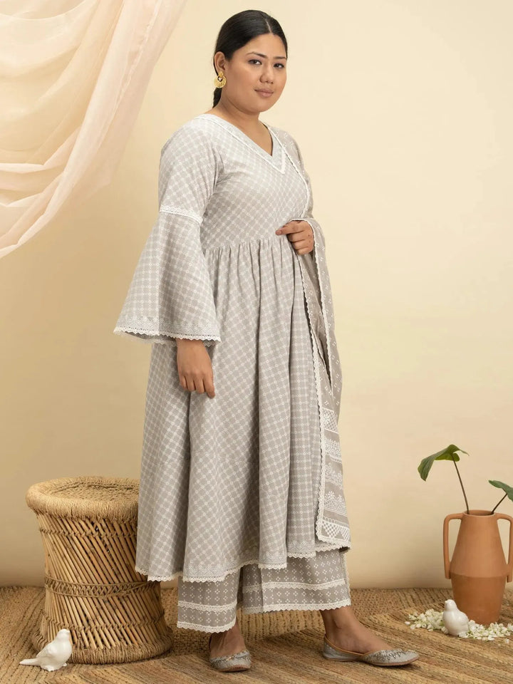 Plus Size Grey Printed Cotton Suit Set - Libas