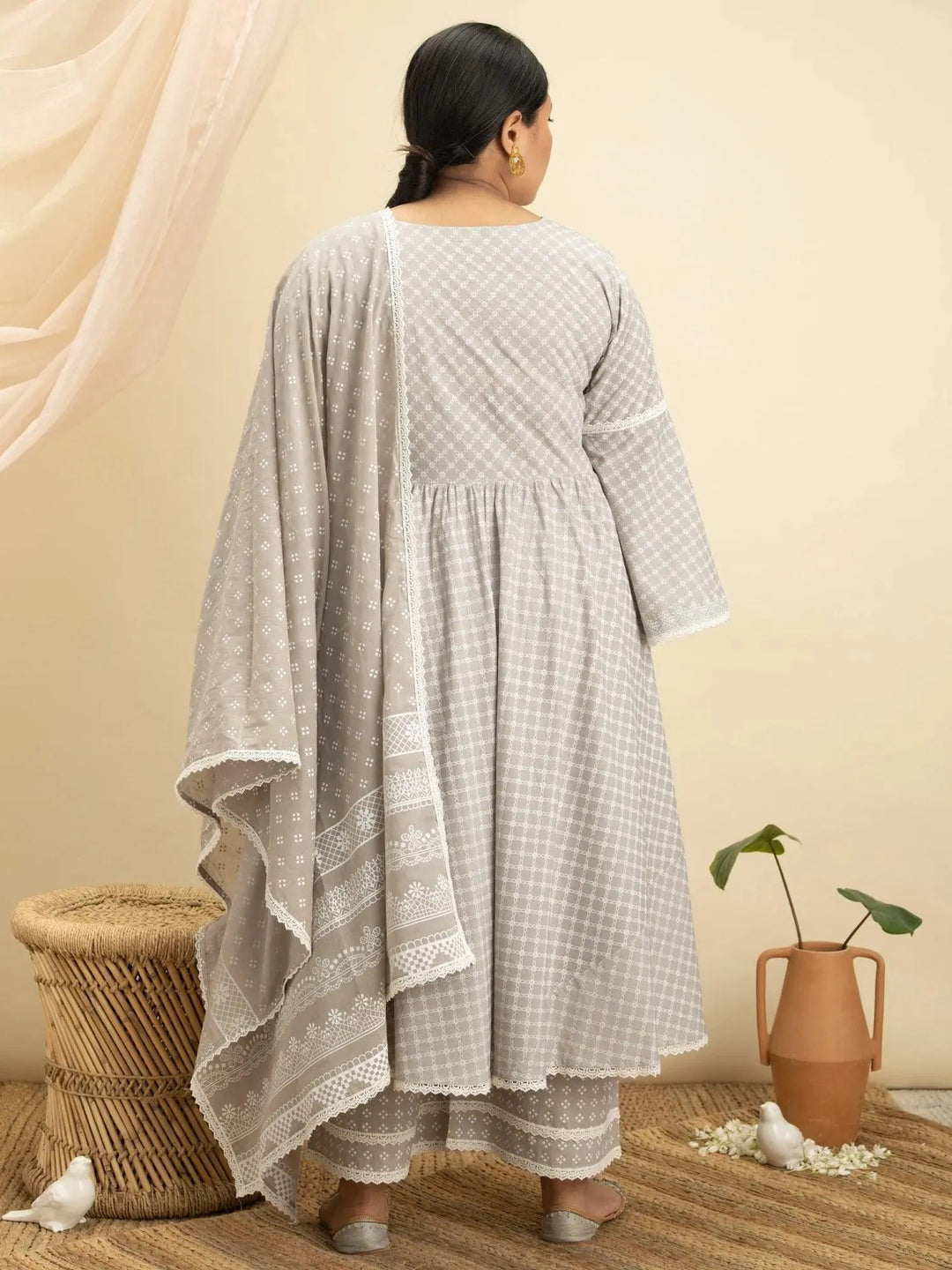 Plus Size Grey Printed Cotton Suit Set - Libas