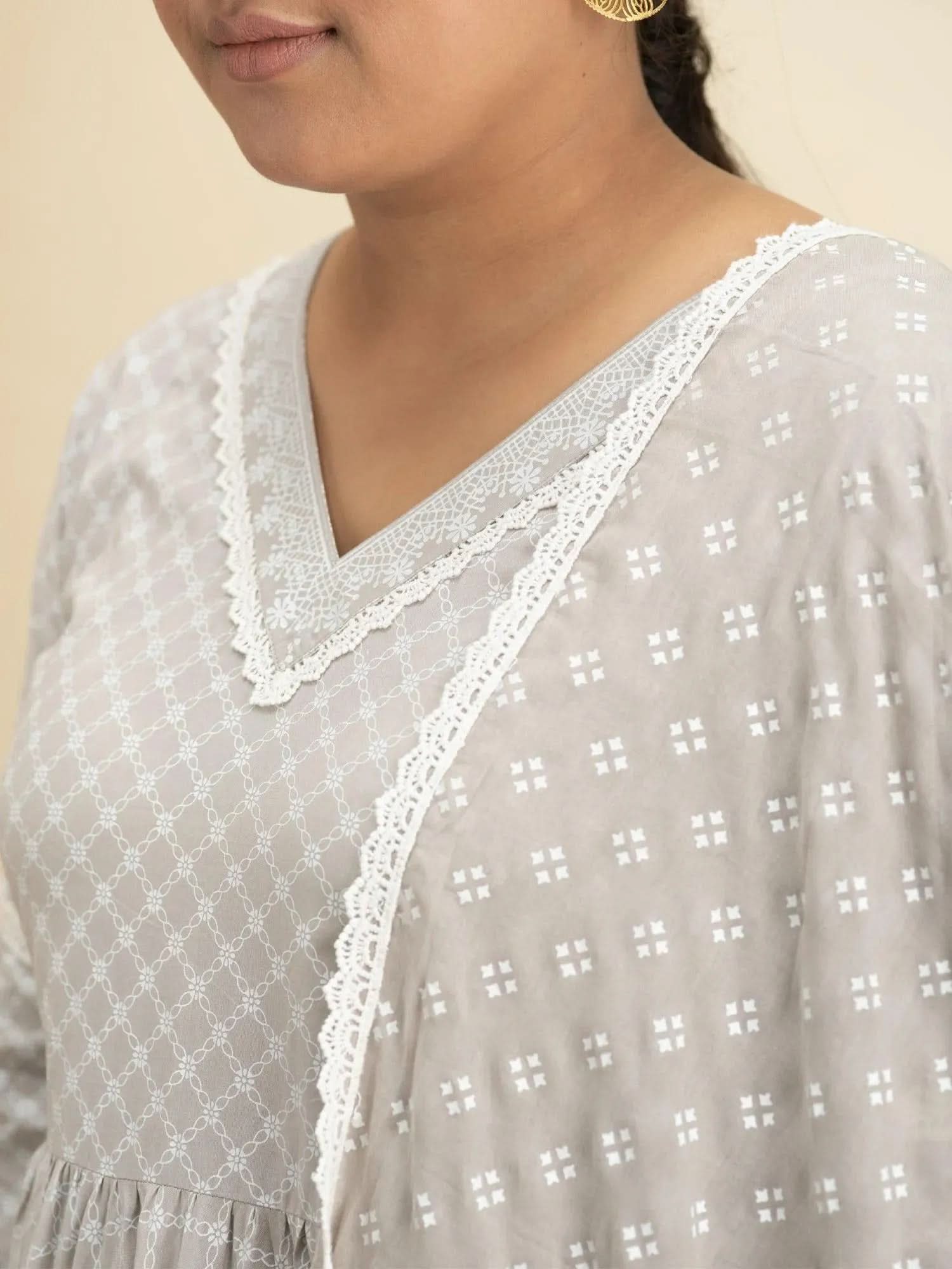

Buy Grey Cotton Printed Anarkali Kurta With Cotton Palazzo And Dupatta Online