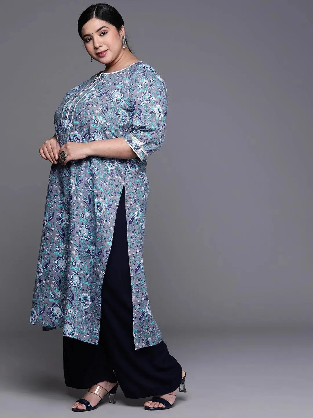 Plus Size Grey Printed Cotton Kurta - Libas 