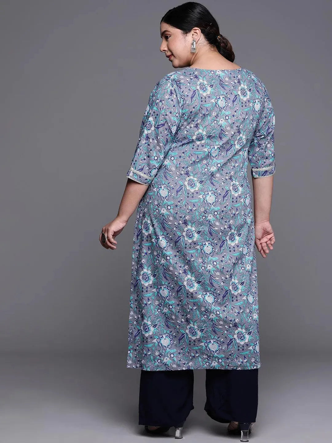 Plus Size Grey Printed Cotton Kurta - Libas 