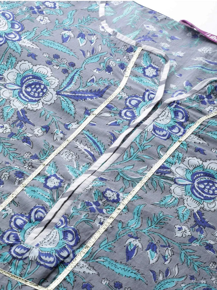 Plus Size Grey Printed Cotton Kurta - Libas