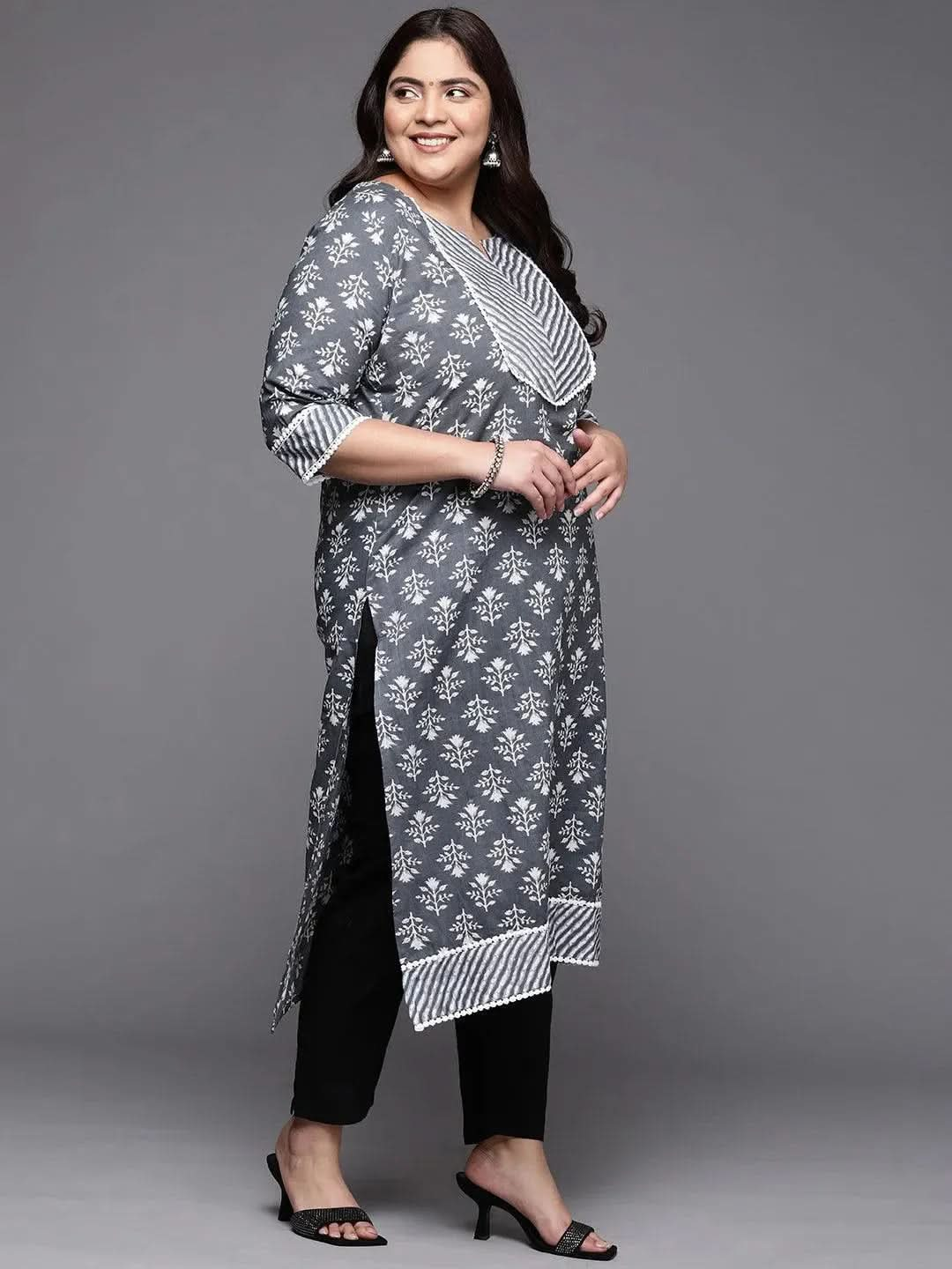 Plus Size Grey Printed Cotton Straight Kurta - Libas