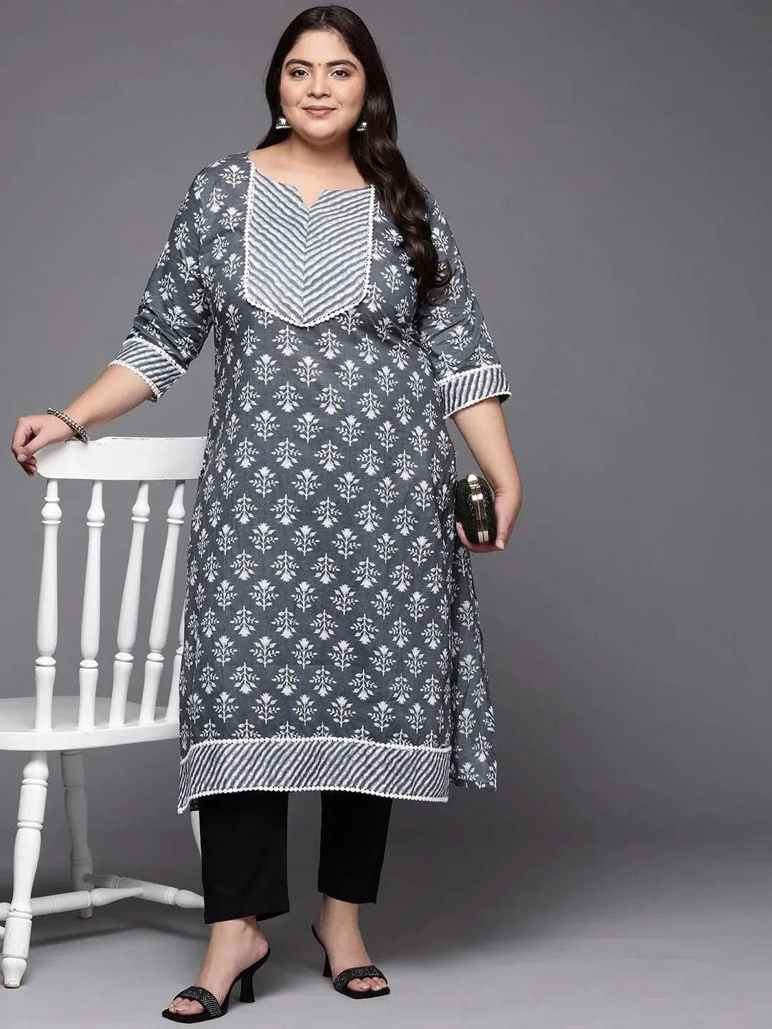 Plus Size Grey Printed Cotton Straight Kurta - Libas